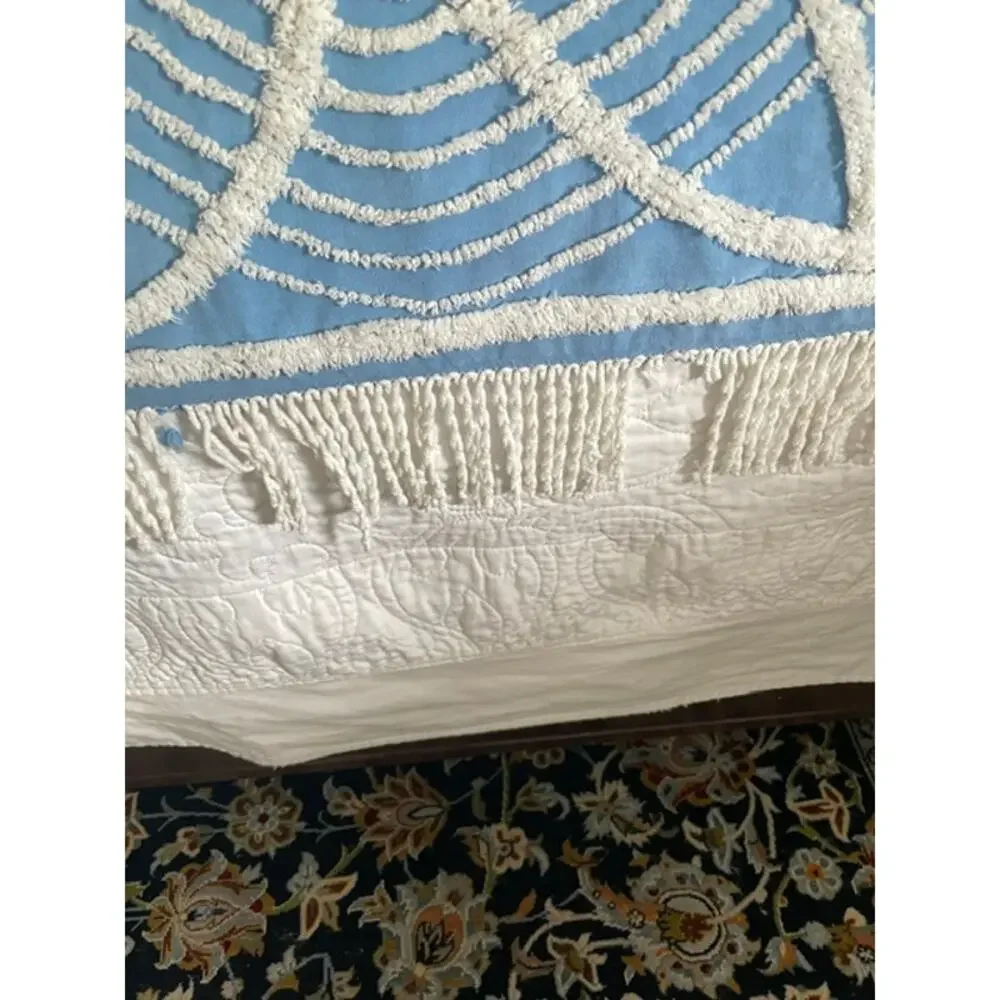 Vintage Blue White Chenille Bedspread 90x96 Full Queen Cottagecore Shabby Chic